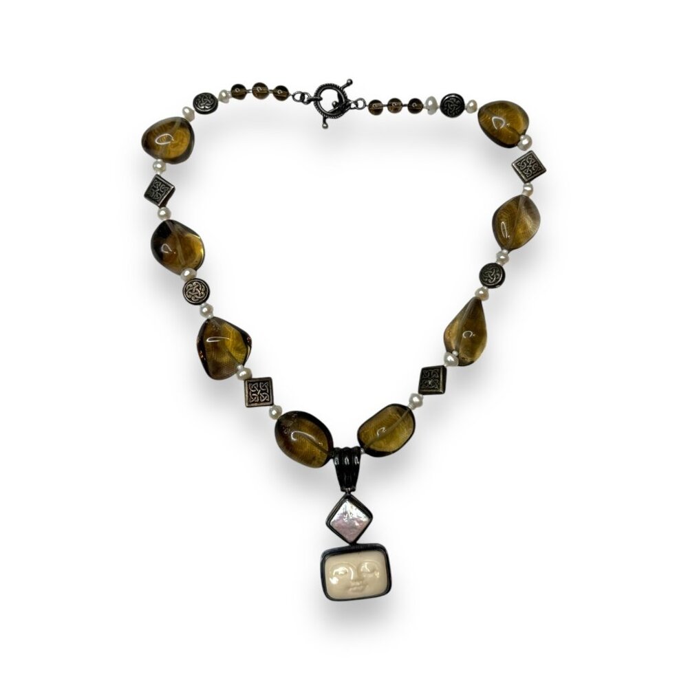 Smoky Quartz Pendant Necklace 17" Sterling Silver Toggle Clasp